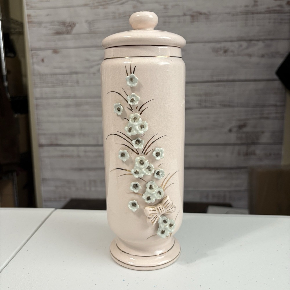 Vtg Hand Painted Thames Japan Pink Porcelain Jar w/ Lid Flowers MCM Golden Girls